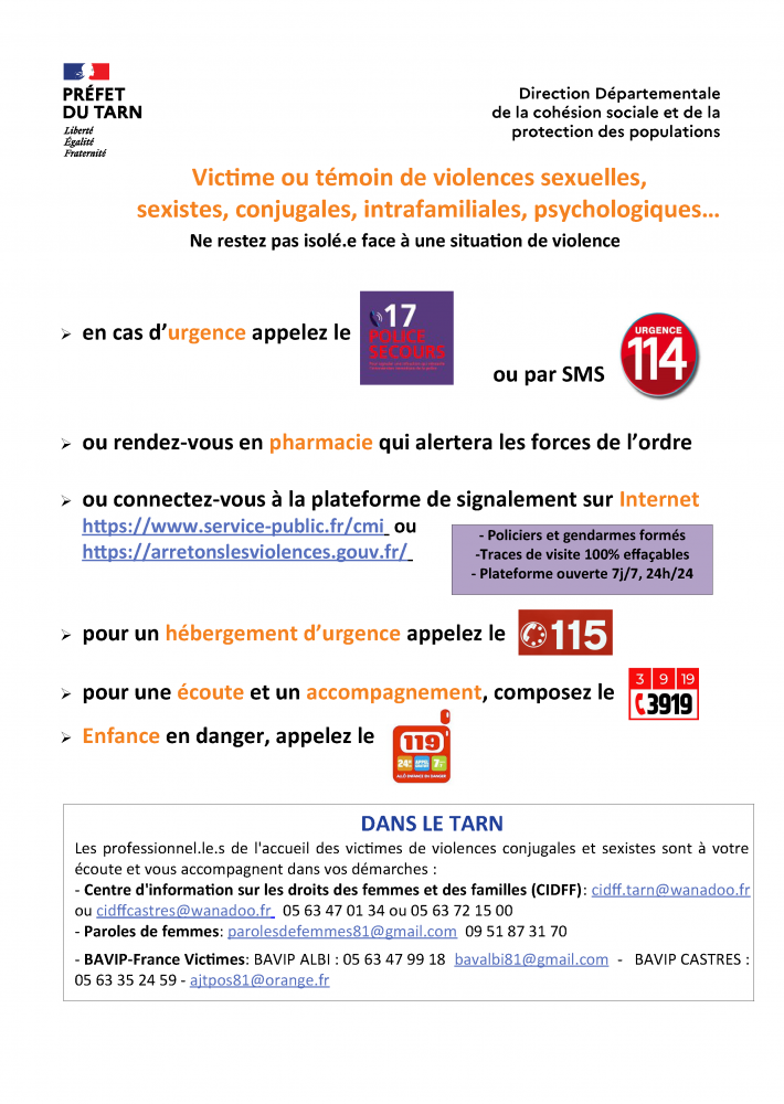 Victime ou témoin de violences sexuelles, sexistes, conjugales, intrafamiliales, psychologiques : Coordonnées utiles